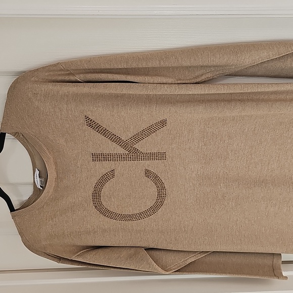 New Calvin Klein Long Sweater Dress w CK Bling Logo Tan/Gold Size SMALL - Picture 9 of 11